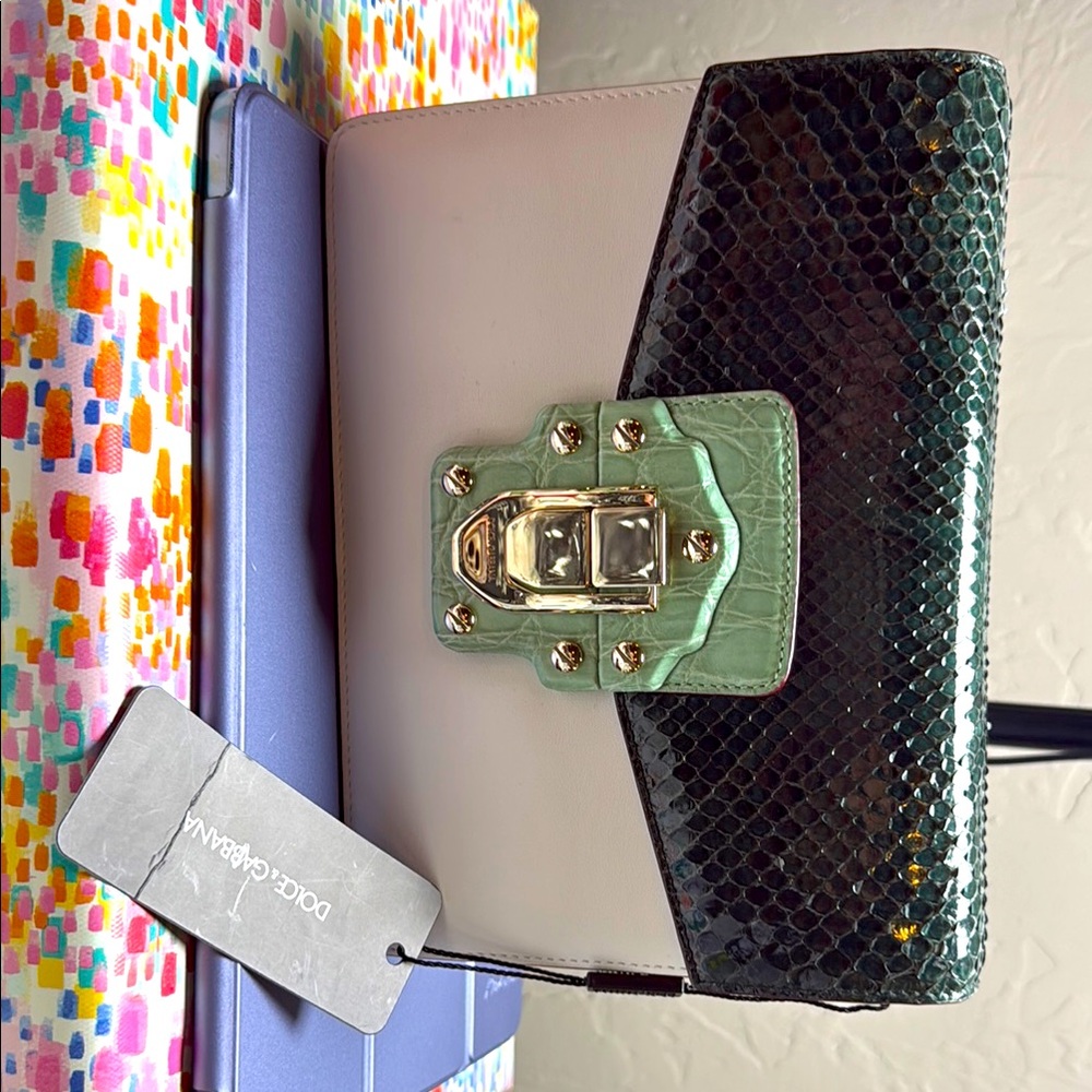 Dolce & Gabbana White and Green Clutch with Snakeskin Texture